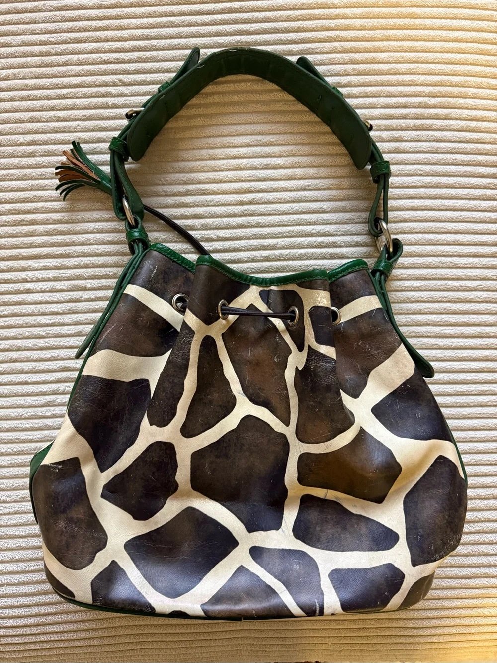Dooney & Bourke Green Trim Giraffe-Print Drawstring Hobo